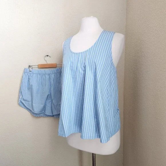 LAKE Pajama 2-PC Set LARGE Top Shorts Blue White Stripe 100% Cotton - Picture 16 of 16
